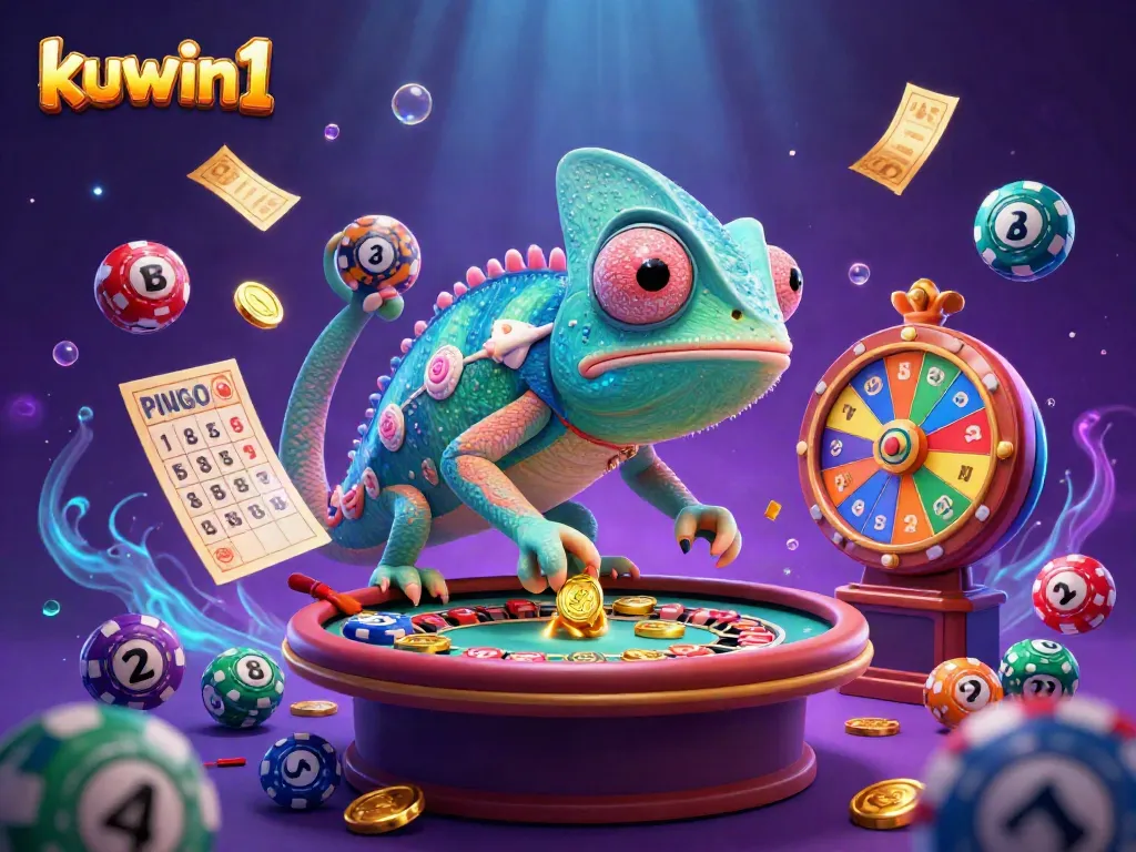 Engage in thrilling casino excitement at kuwin1 with a vibrant chameleon character surrounded by dynamic gaming elements.