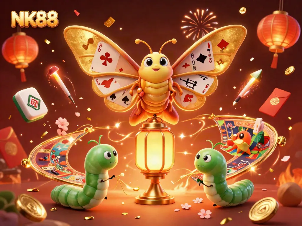 Experience the thrill of NK88 with dazzling illustrations of golden-winged moths and vibrant casino scenes.
