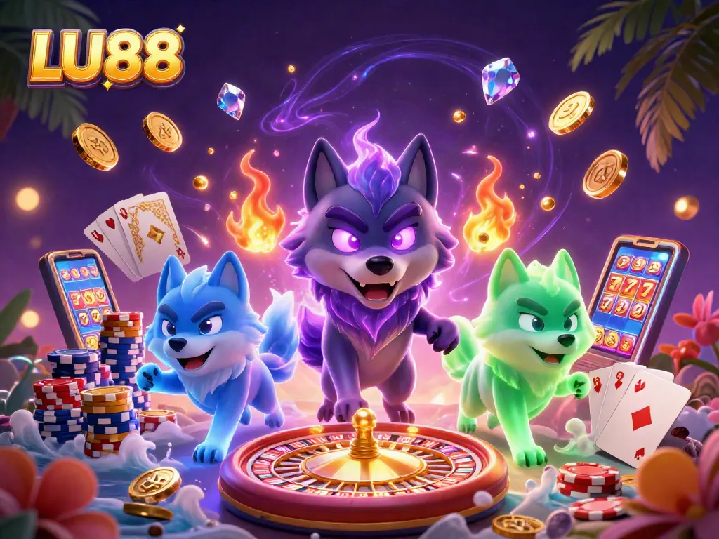 Experience thrilling betting action with LU88 in this vibrant 3D casino scene featuring ghostly wolves.
