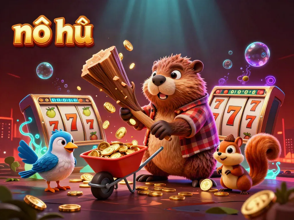 Engage with the exciting world of nổ hũ as a playful beaver collects golden coins, surrounded by vibrant casino elements.