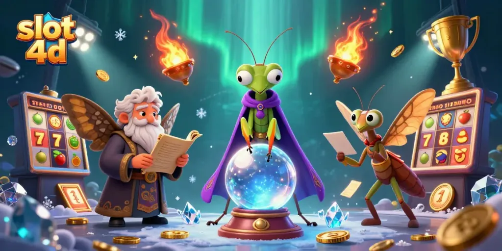 Slot 4D menyajikan ilustrasi kasino dengan makhluk mistis dan simbol kemenangan, penuh warna dan detail.