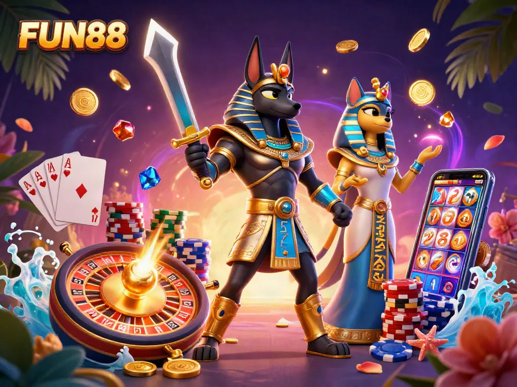 Spin the FUN88 roulette with an ancient warrior and glowing treasures in this vibrant casino scene.