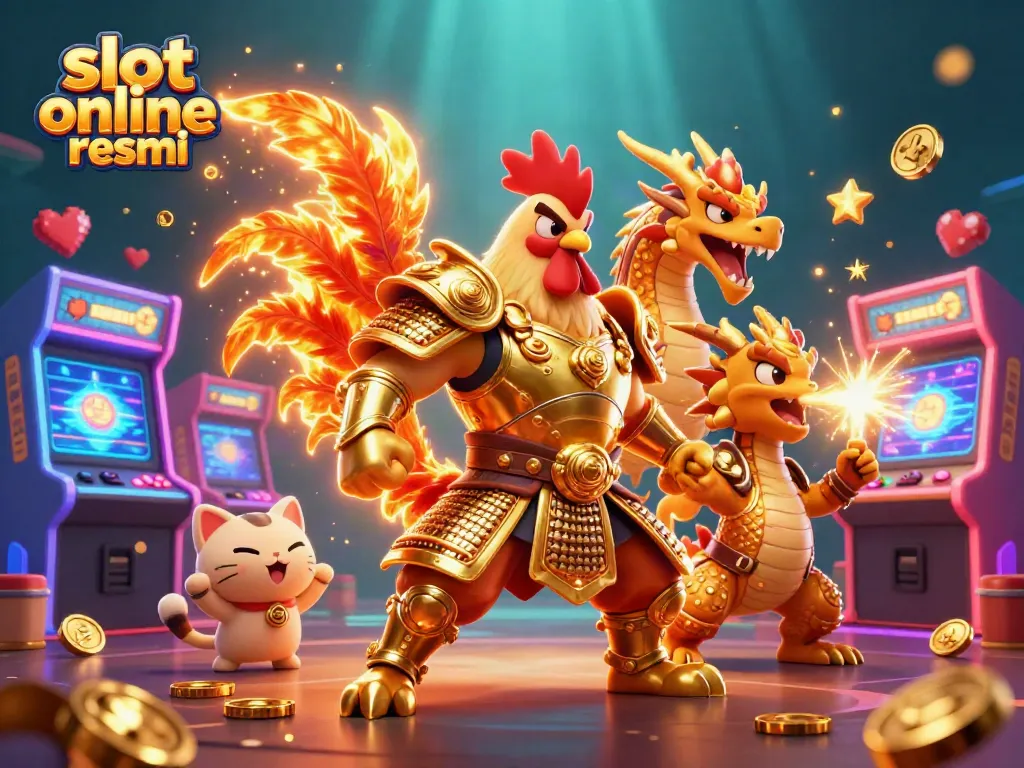 Spin and win at slot online resmi, featuring vibrant 3D characters amidst exciting casino elements.