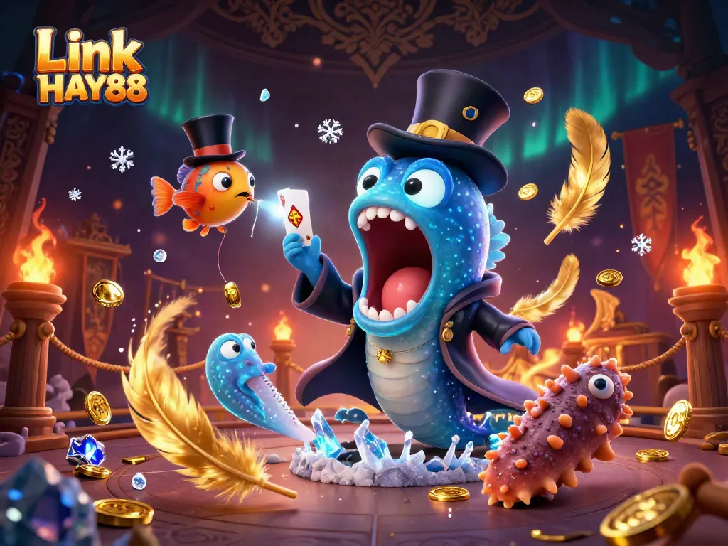 Exciting scene showcasing Link HAY88 with a bioluminescent eel performing card tricks in a vibrant casino atmosphere.