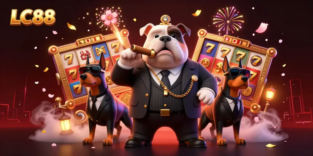 Engage with LC88's dynamic 3D casino experience featuring a mafia bulldog and slot game elements
