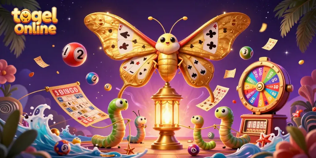 Gambaran togel online dengan karakter kupu-kupu 3D yang megah dan elemen kasino interaktif.