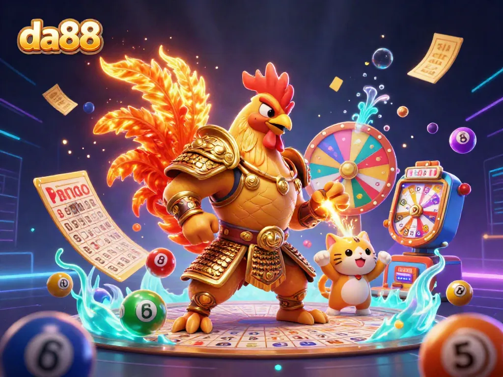 Engaging gaming scene showcasing da88 with a cartoon rooster and dragon in a vibrant casino environment.