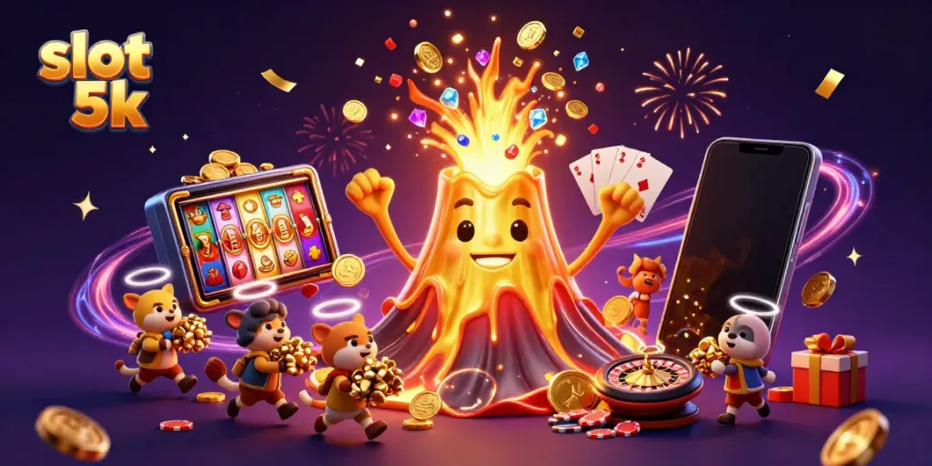 Experience the excitement of slot 5k as a golden volcano erupts treasures with tiny explorers in a vibrant casino scene.