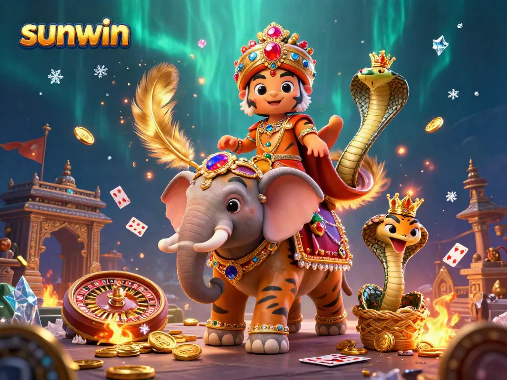 Experience thrilling gameplay with sunwin in this vibrant casino scene featuring a maharaja, elephant, and roulette.