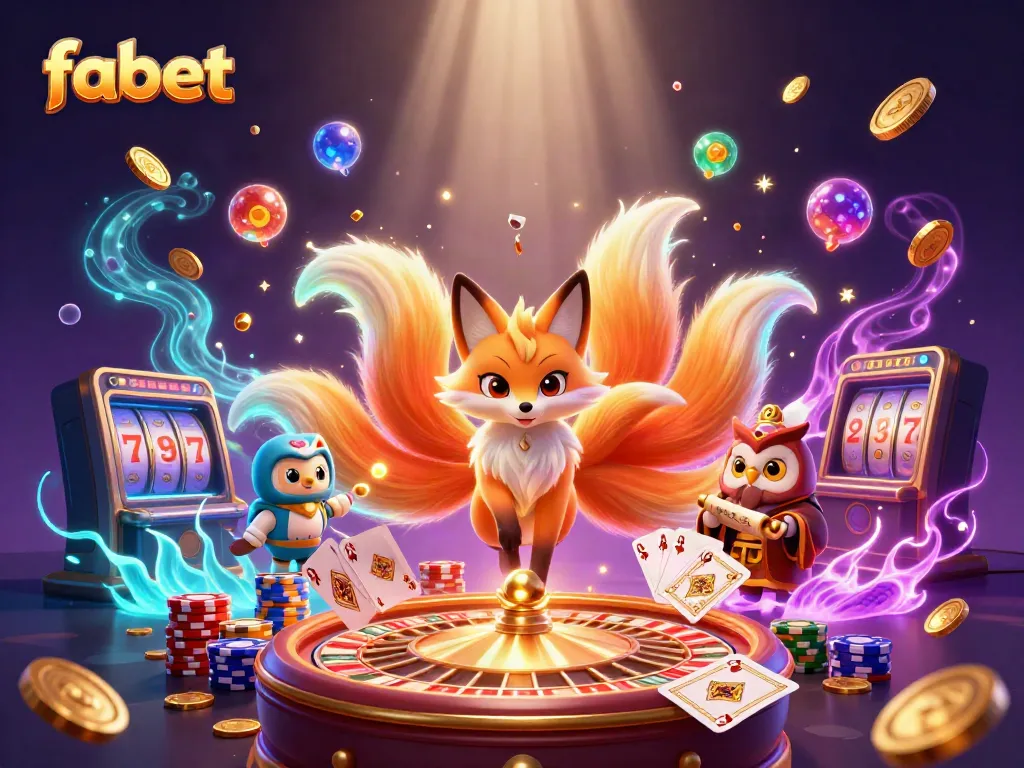 Experience thrilling casino magic with fabet's dynamic illustration featuring colorful characters and rich gaming elements.