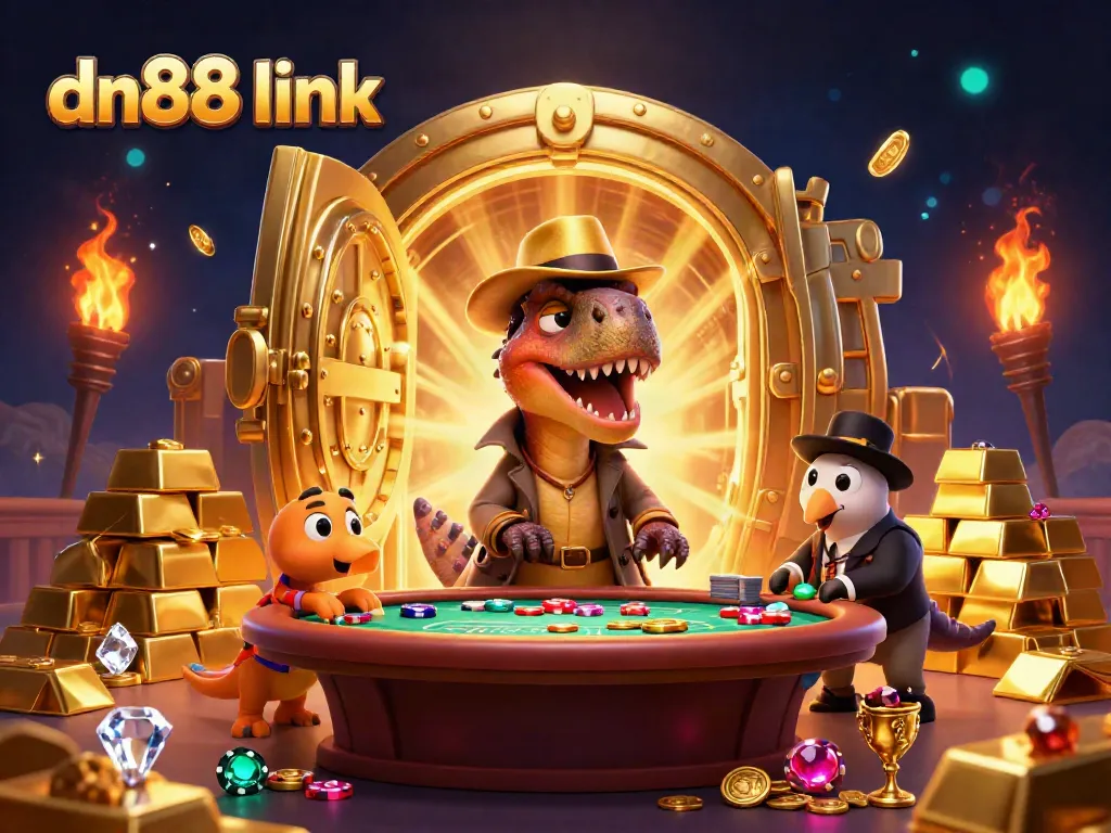 Watch the velociraptor card counter at the blackjack table with the dn88 link logo in a vibrant casino scene.