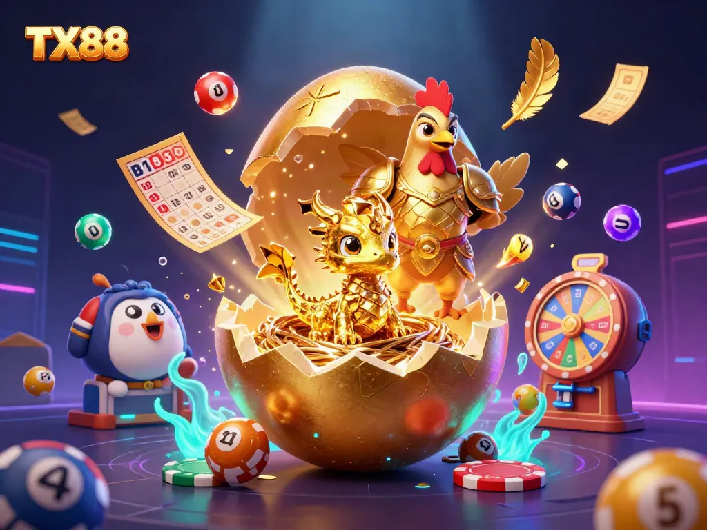Engage with TX88's golden dragon and poker chips in a vibrant casino-themed scene.