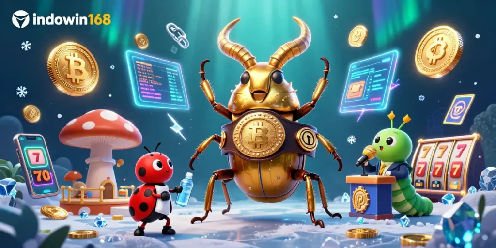 Experience indowin168's exciting slots with a dynamic showdown between a giant stag beetle and vibrant game elements.