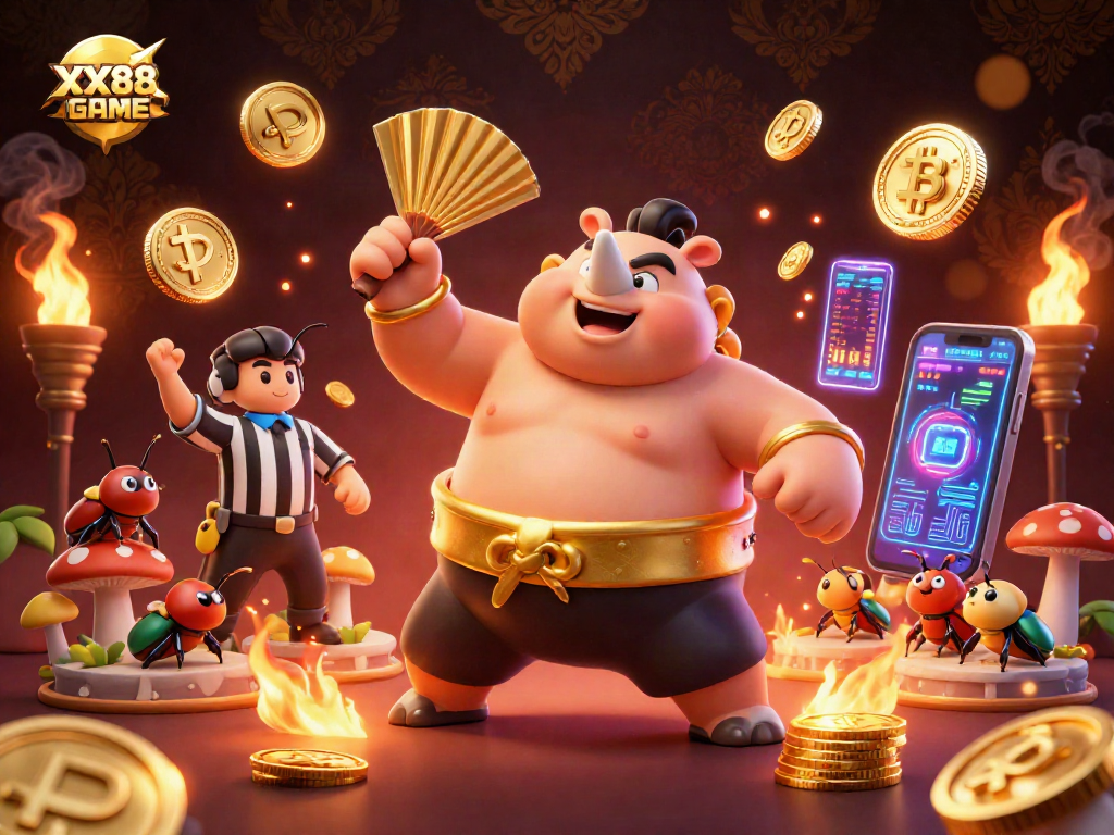 Engage with the thrilling XX88 GAME featuring a sumo beetle champion and crypto coins.