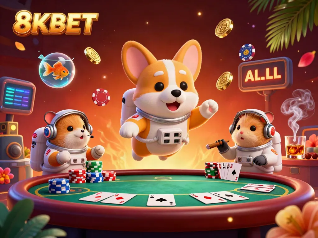 8KBET casino illustration featuring a 3D cartoon corgi astronaut amidst drifting poker chips and gaming elements