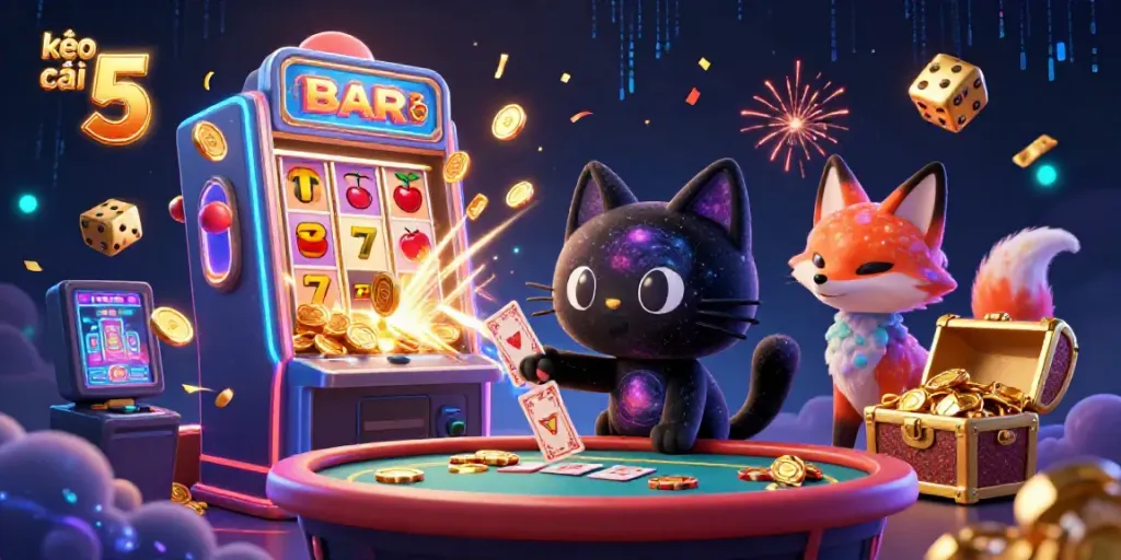 Kèo nhà cái 5 showcases a vibrant cosmic casino scene with a black hole cat, rolling dice, and bursting slot machines.
