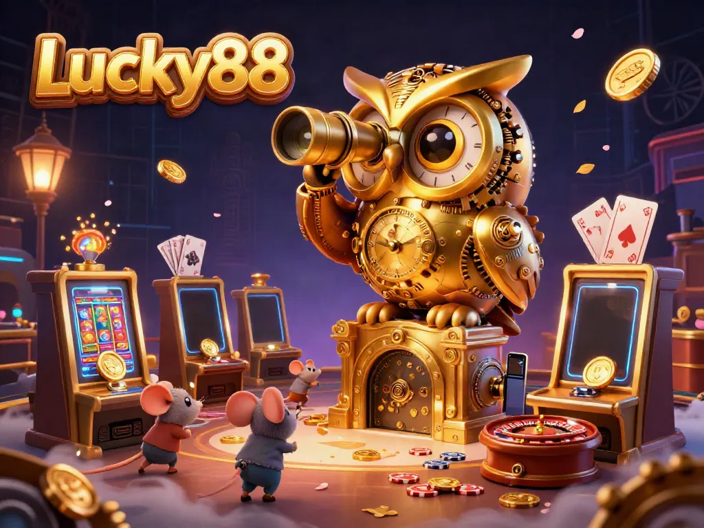 Experience the thrilling Lucky88 casino with a clockwork owl overseeing vibrant games, bustling with action.