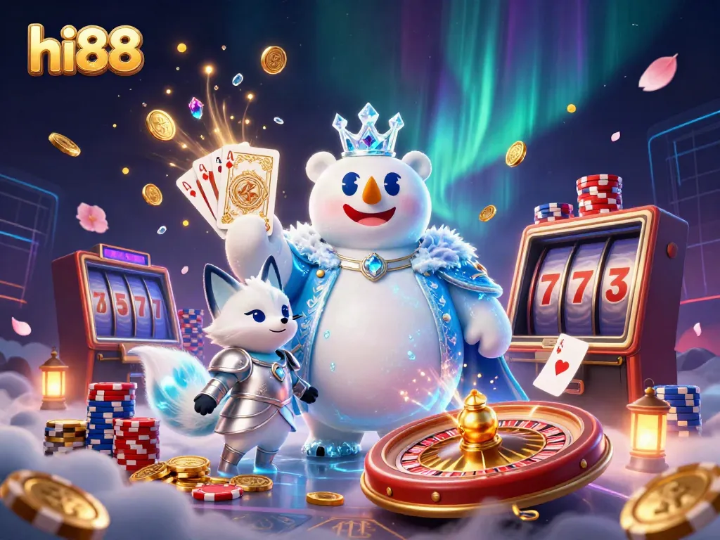 Experience exhilarating gameplay with hi88 featuring a whimsical polar bear and fox amidst shimmering casino elements.