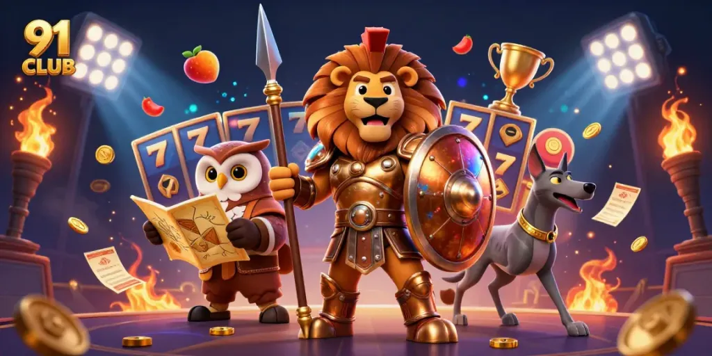 Engage with the excitement of 91 CLUB through a vibrant 3D illustration featuring dynamic casino elements and heroic characters.