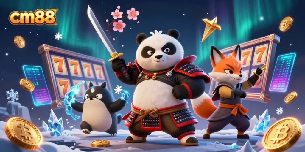 Engage with cm88’s exciting slots showcased in a 3D art scene blending samurai and casino elements.