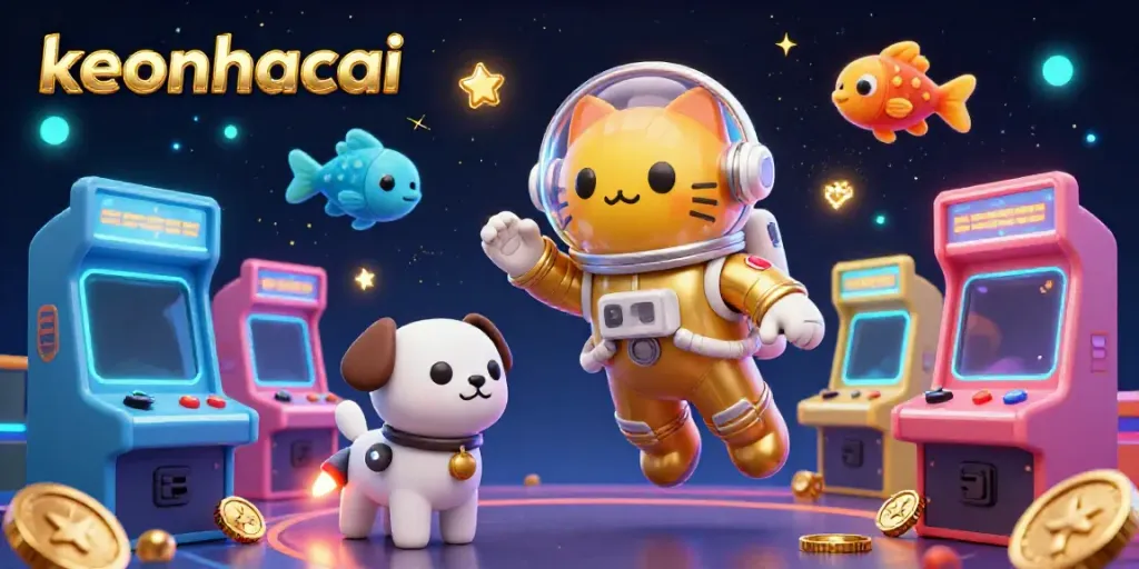 Experience the thrilling dynamics of keonhacai with a 3D illustration of a space cat, robot dog, and vibrant casino elements.