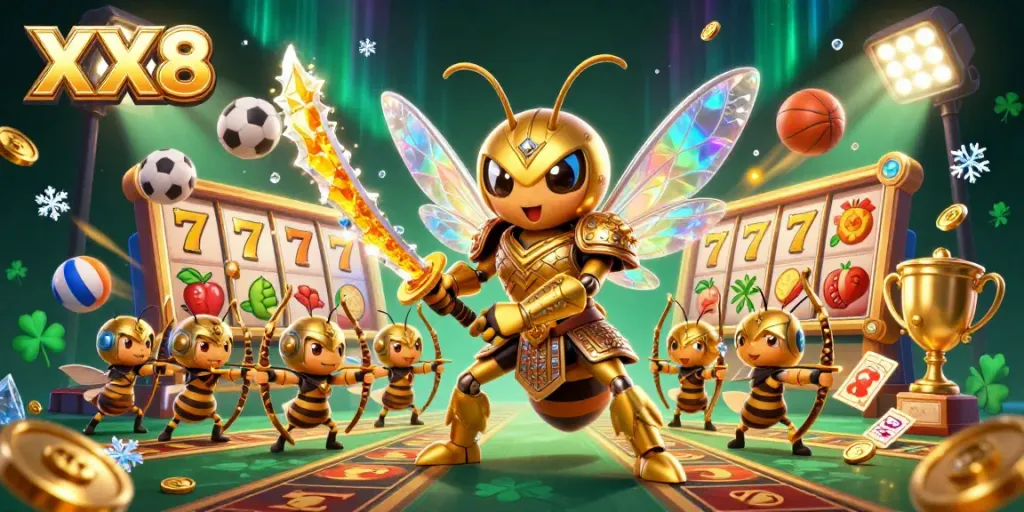 Experience the thrilling action of XX8 with a golden hornet samurai in a vibrant casino scene.