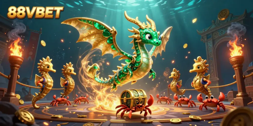 Experience the magic of 88VBET with an emerald sea dragon and treasure chest in a vibrant casino scene.