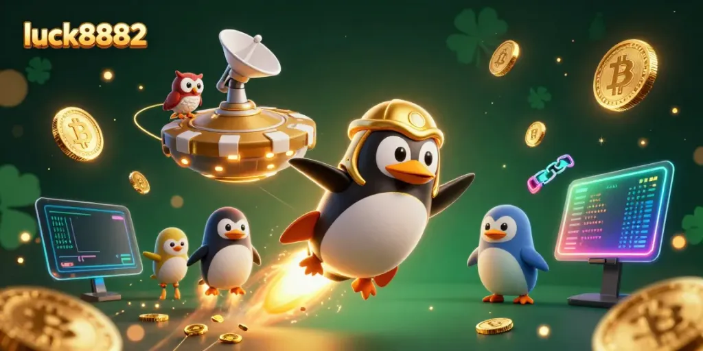 Join the fun with luck8882, a golden penguin racing through a dynamic casino-themed space.