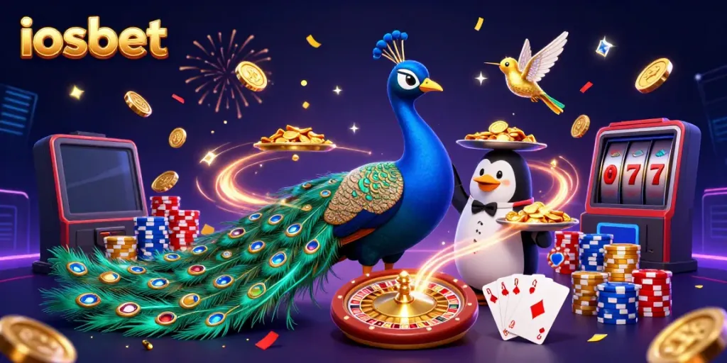 Roda berputar dan simbol jackpot di iosbet, dipenuhi dengan koin emas dan grafis menarik.