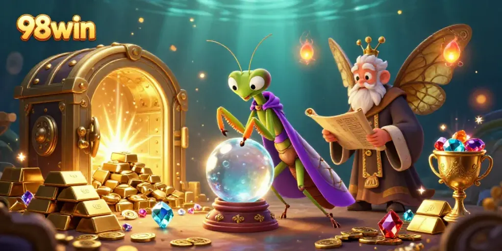Experience the thrilling atmosphere of 98win's online casino with vibrant characters and rich gaming elements.