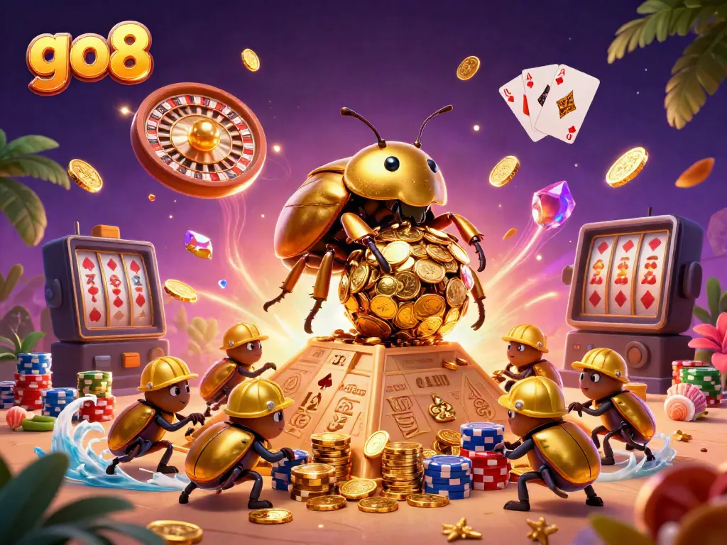 Experience the dynamic world of go8 with a golden dung beetle rolling coins, vibrant casino elements, and a magical backdrop.