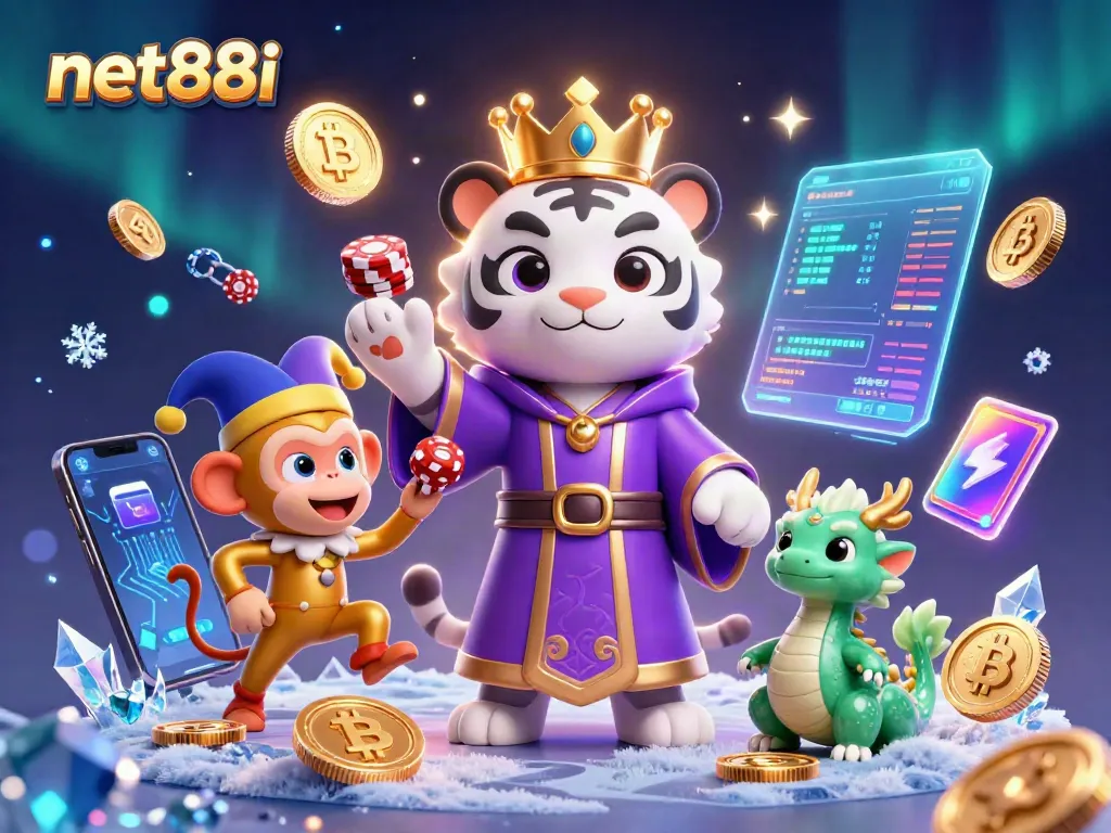 Experience excitement with net88i, featuring a lively scene of a cartoon tiger and monkey amidst 3D gambling elements.