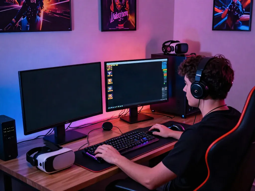 Player immersed in slot777 online gaming experience in a colorful home setup.
