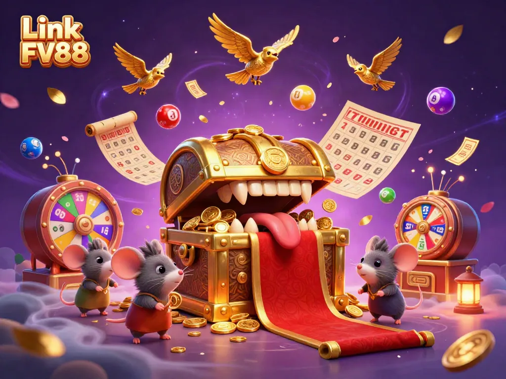 Engaging illustration promoting Link FV88, featuring a treasure chest and lottery elements.