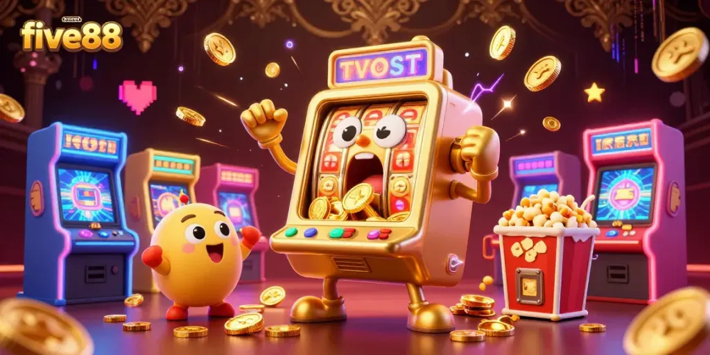 Spin and win with five88's exciting slot machine, celebrating a golden jackpot with cheering companions.