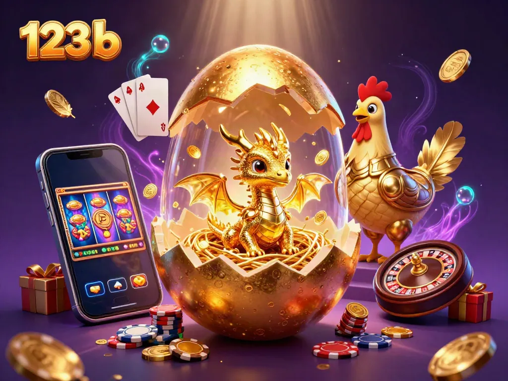 Engage in exciting gameplay with 123 b, featuring a golden dragon guarding poker chips and vibrant slot game elements.