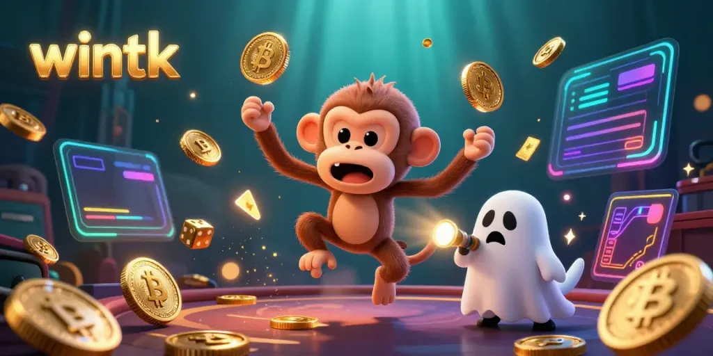 Wintk interactive casino scene with ghostly characters and cryptocurrency elements.