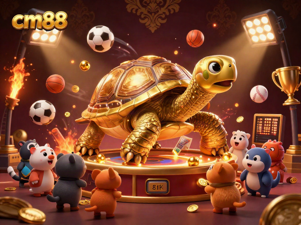 Engage with cm88's thrilling gambling action in a vibrant casino-themed digital illustration featuring golden tortoise pinball.