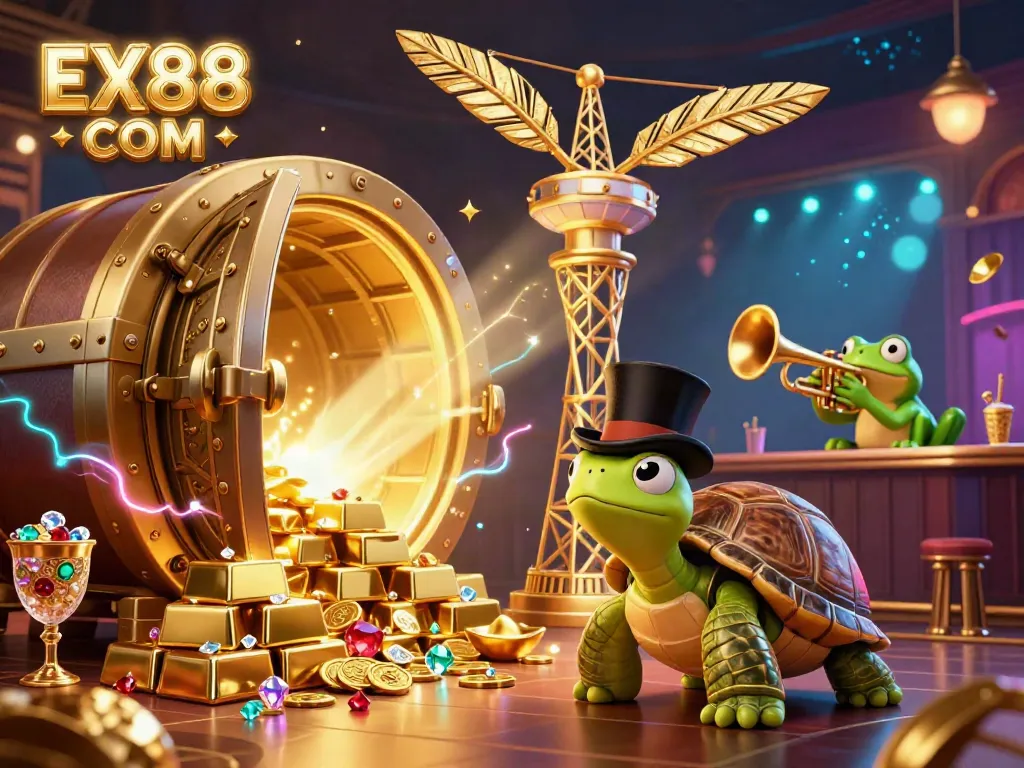 Engage in winning strategies at EX88 COM's vibrant casino with energetic characters and gold treasures.
