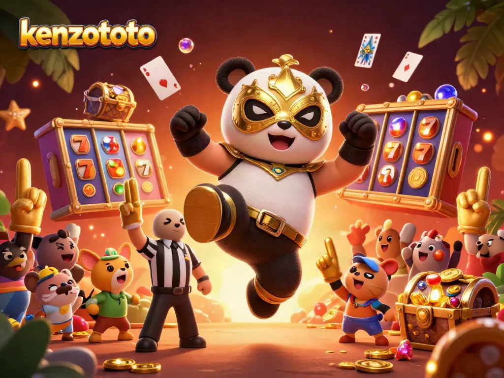Kenzototo illustration showcasing a playful panda wrestler, slot elements, and a cheering animal crowd in a vibrant casino setting.