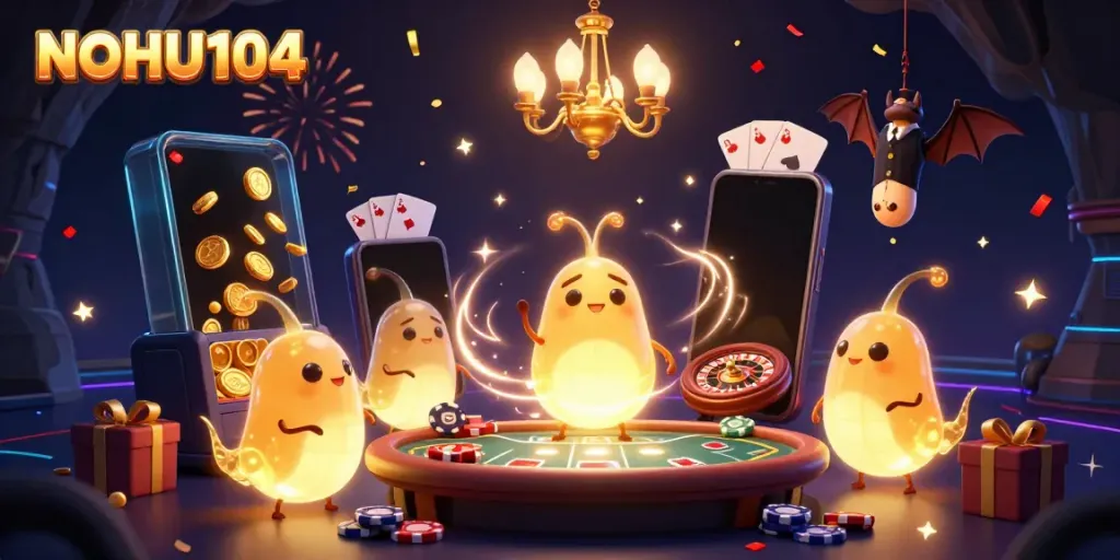 Experience the vibrant energy of NOHU104 with glowworms illuminating a cave casino while featuring engaging slot games.