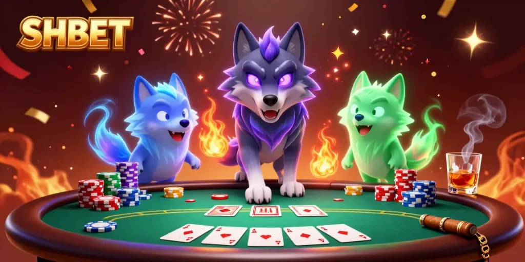 Experience electrifying gameplay with SHBET at a vibrant poker table surrounded by dynamic gaming elements.