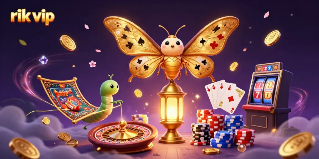 Engage with rik vip games featuring a vibrant scene of a 3D atlas moth and golden casino elements.