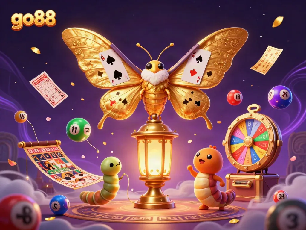 Immerse in go88's vibrant casino scene with a majestic moth, colorful lottery balls, and dynamic gaming elements.