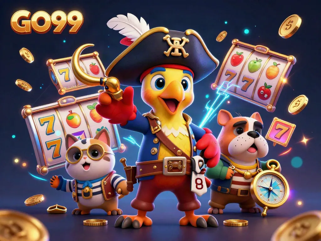 Catch the excitement of GO99 with a dynamic 3D scene showcasing lively characters, spinning slots, and gold coins.