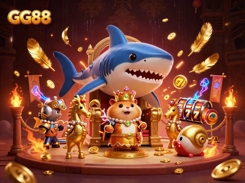 Engage with GG88 for online casino excitement in a vibrant, dynamic scene featuring unique gambling-themed characters.