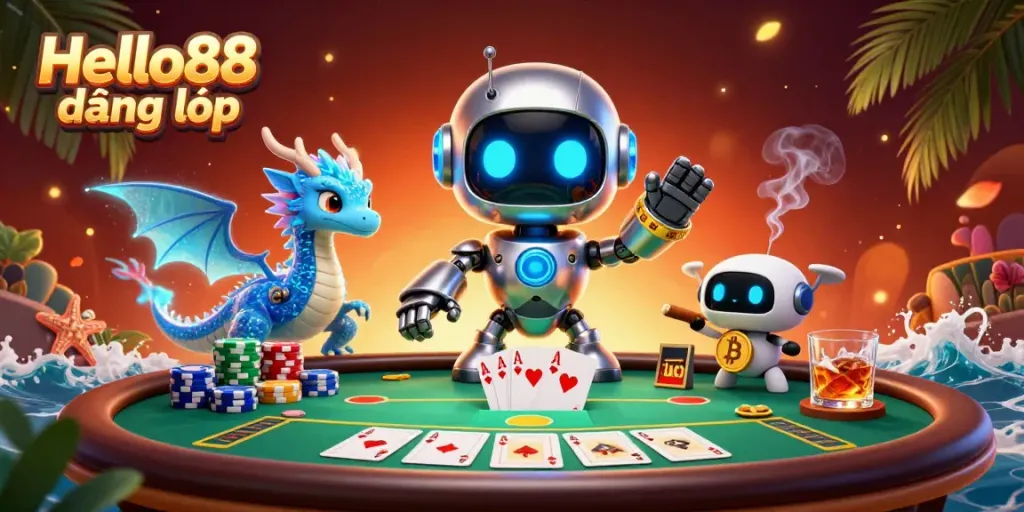 Experience the excitement of Hello88 đăng nhập with a futuristic casino scene featuring vibrant characters and poker elements.