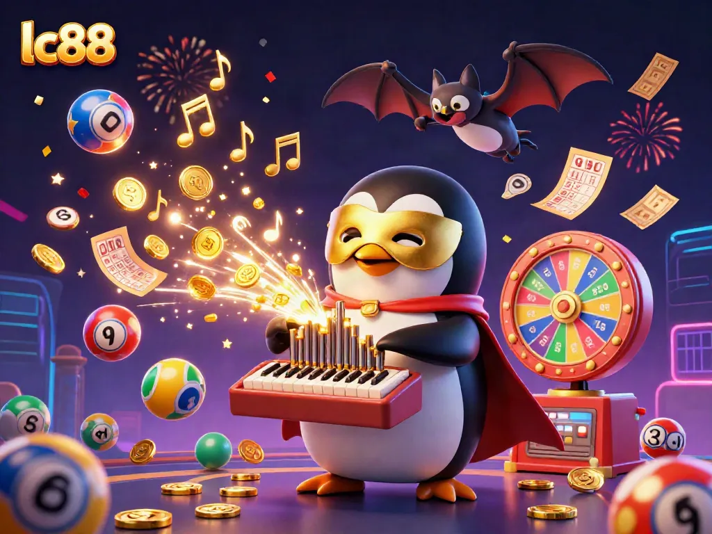 Experience lc88 with a vibrant casino scene featuring a penguin playing an organ surrounded by dynamic lottery elements.