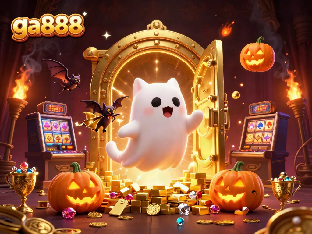 Experience the thrill of ga888 casino with vibrant characters and treasures in a haunted setting.