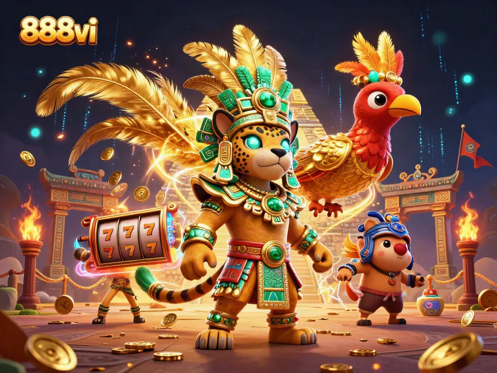 Engage with 888vi's vibrant slots and 3D gambling world, featuring a dazzling Mayan jaguar priest.